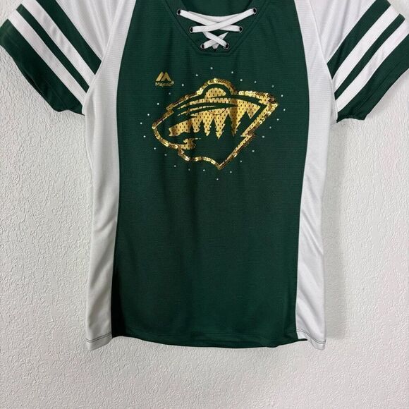 NHL Minnesota Wild Hockey Green with White Sides Lace Up Short Sleeve Top Size S - Picture 4 of 6